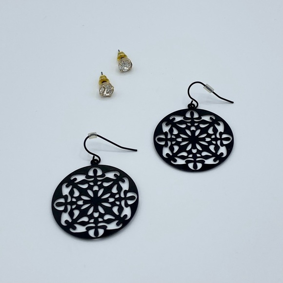 Bundle of Boho Cut Out Dangle Earrings and Crystalline Stud Earrings Black/Gold - Picture 1 of 4